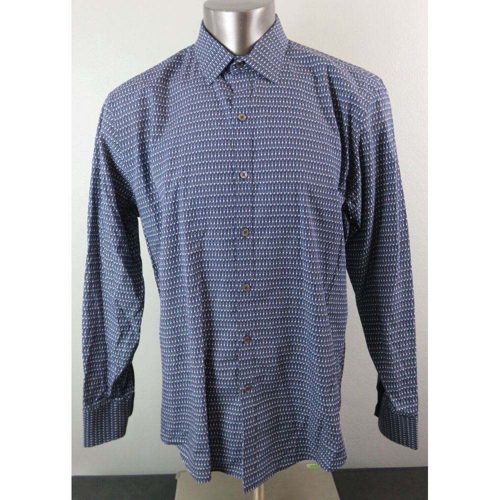 Zachary Prell Button Front Dress Shirt XL Blue Geometric‎ Watch All Over Clocks